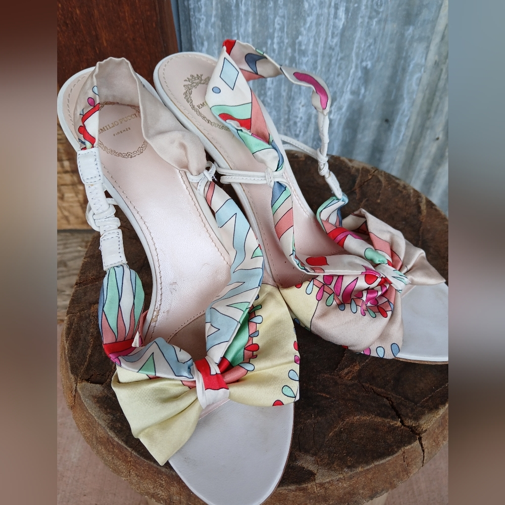 Emilio Pucci Colorful Patterned Heels SCARF BOW print Shoes 7.5 Womens Y2k - Picture 11 of 13